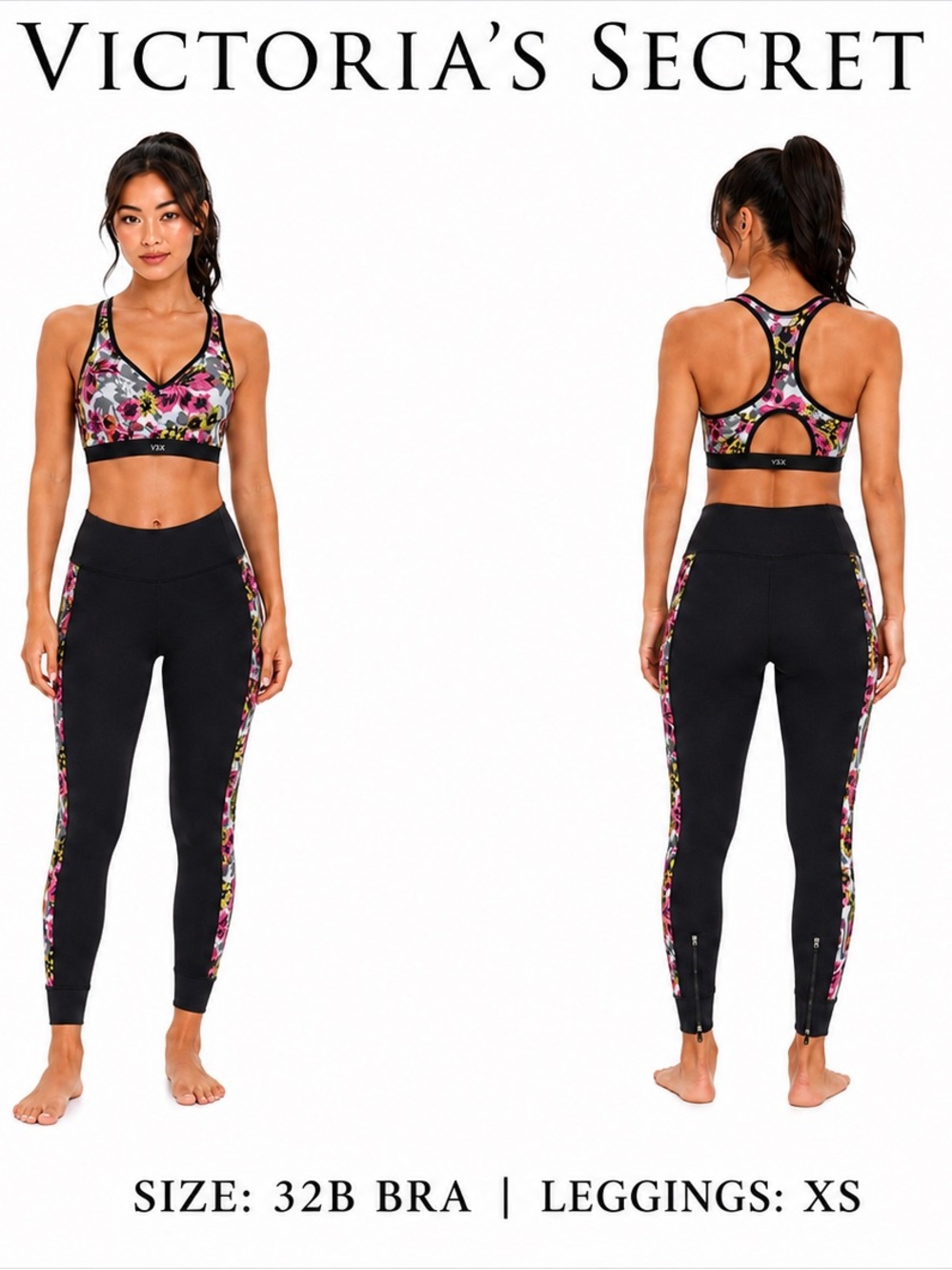 Victoria's Secret Black Leggings with Pink & Purple Floral Set 32B&XS